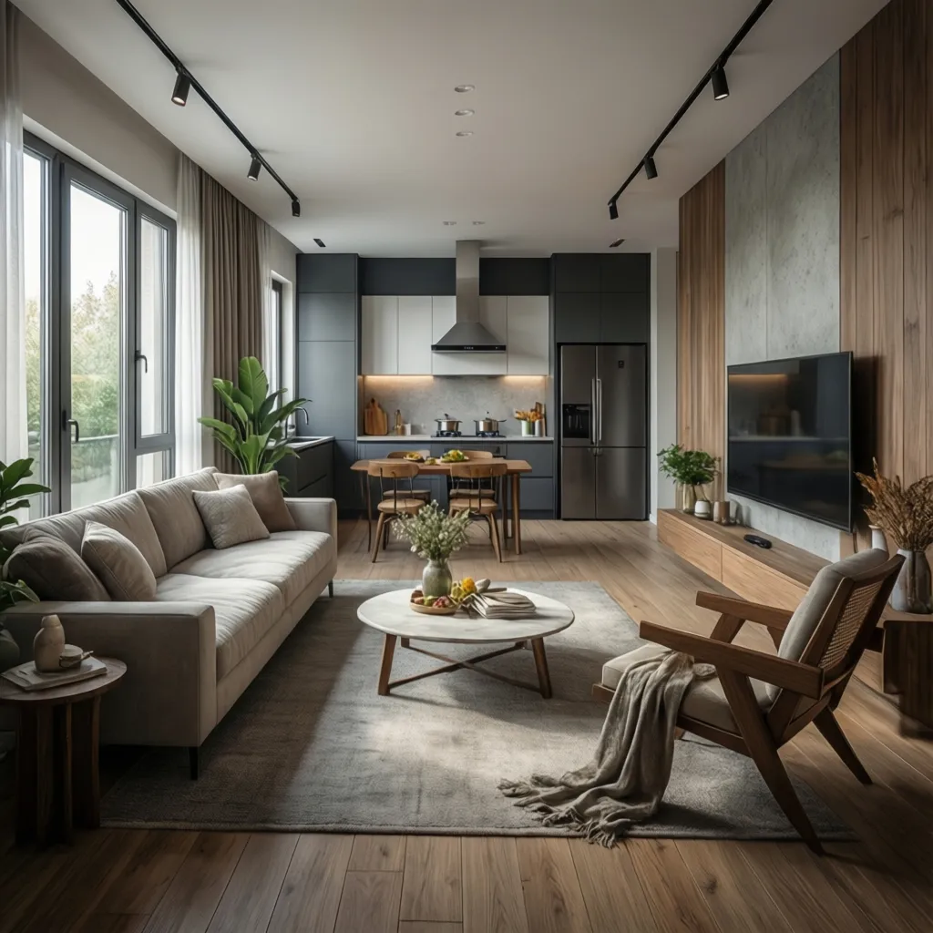 Render 3D realista de un diseño interior moderno