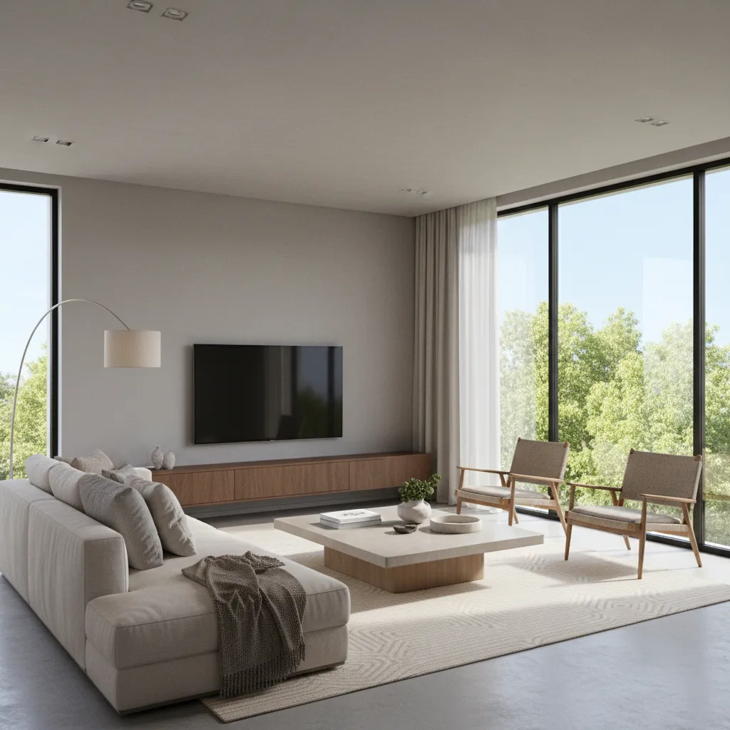 Modern living room with beige sofa floor lamp large windows and view of green trees