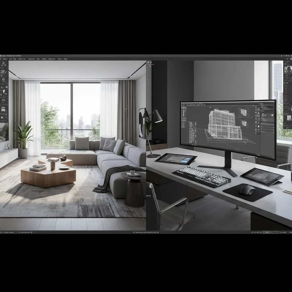 Pantalla de ordenador mostrando render 3D de un salón moderno