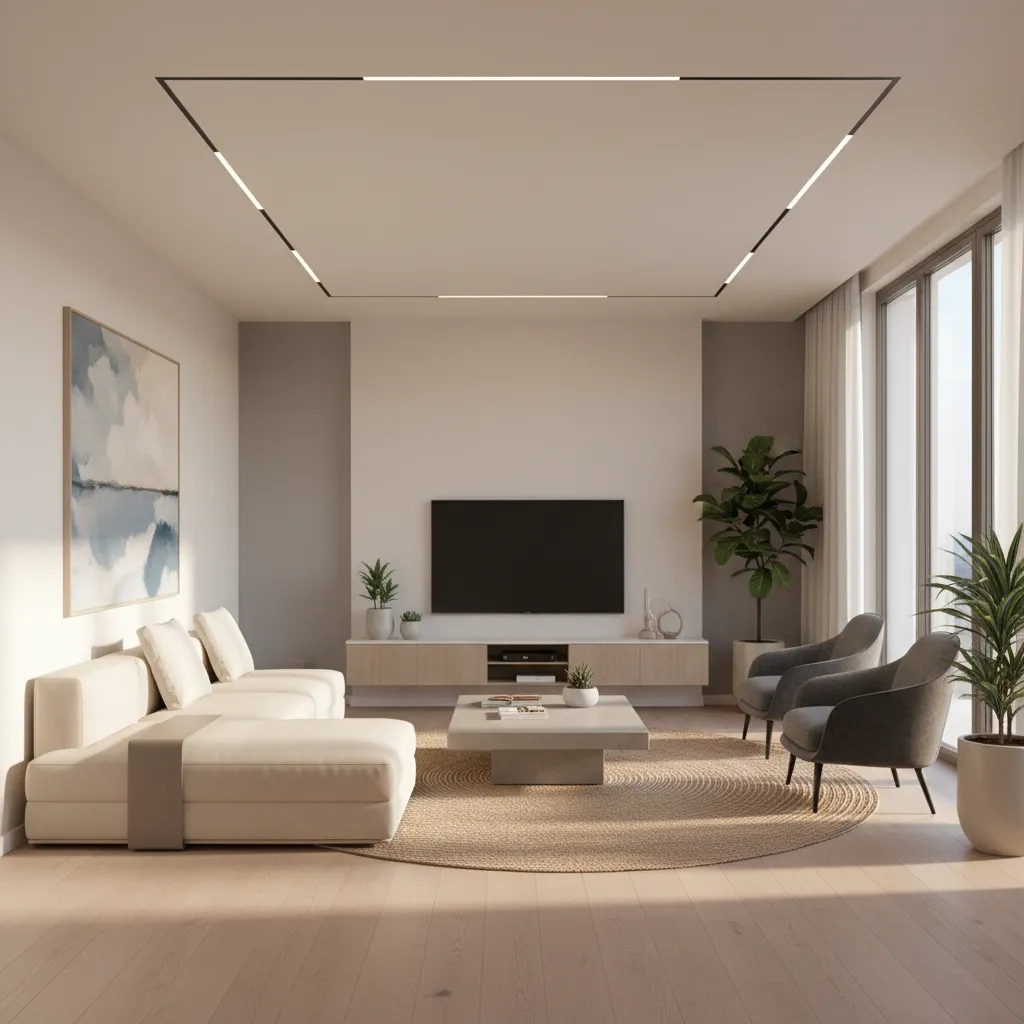 Render 3D de una sala moderna antes de construir el proyecto
