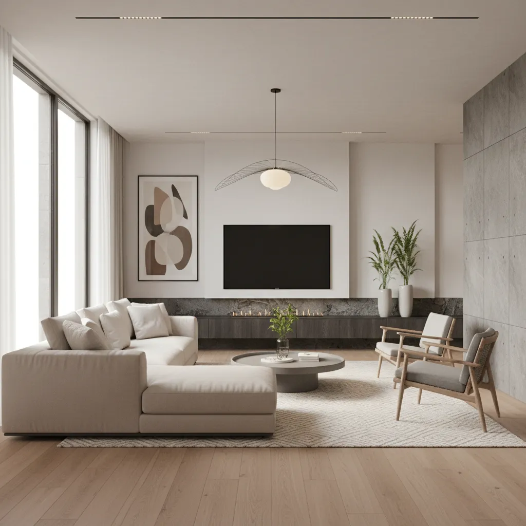 Render 3D realista de salón moderno usado en portafolio de interiorismo