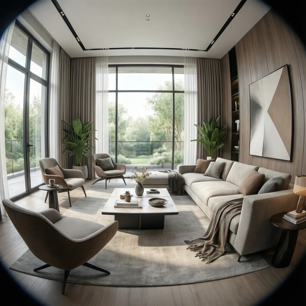 Render 3D realista de un salón moderno utilizado para presentar un proyecto de interiorismo