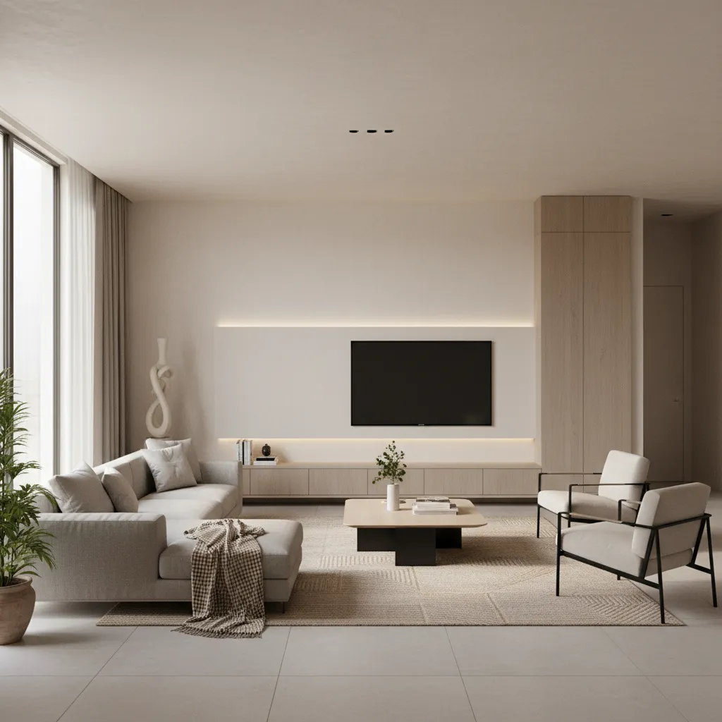 Render 3D realista de salón moderno usado para visualizar diseño interior