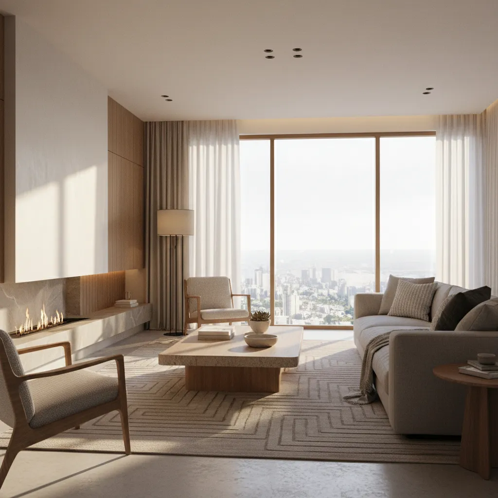 Render 3D realista de salón moderno antes de ejecutarse el diseño