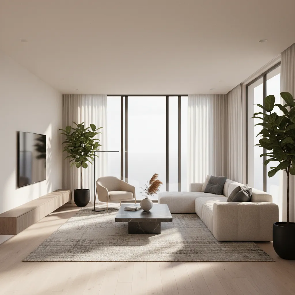 Render 3D realista de un salón moderno antes de la construcción