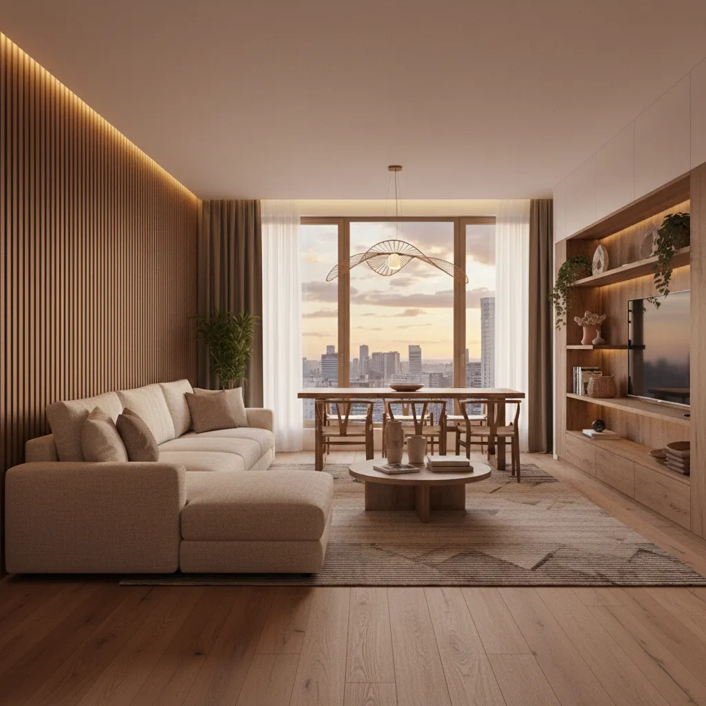 Render 3D realista de una sala antes de la ejecución del diseño