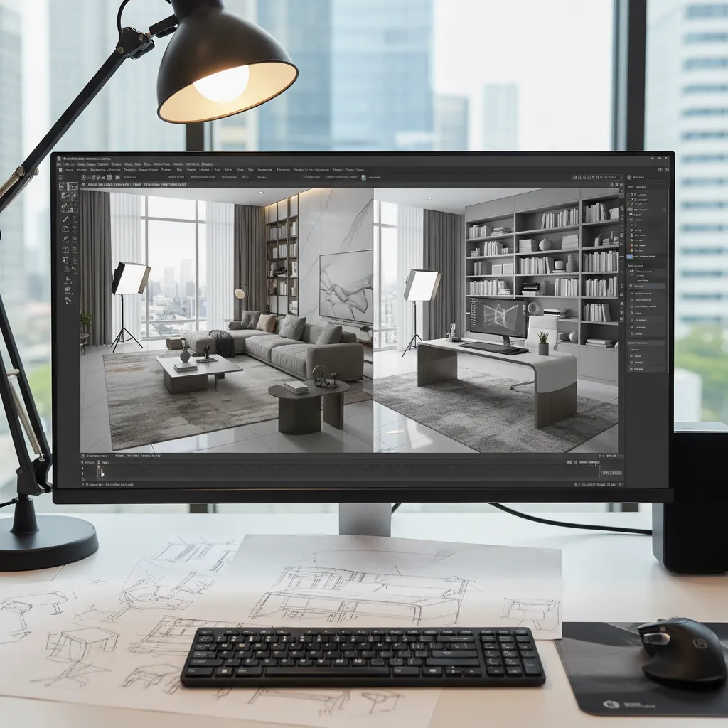 Pantalla mostrando un render 3D realista de un salón moderno
