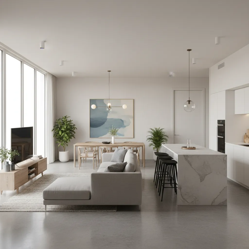 Modern open plan living room with grey sofa marble kitchen island and wooden dining table