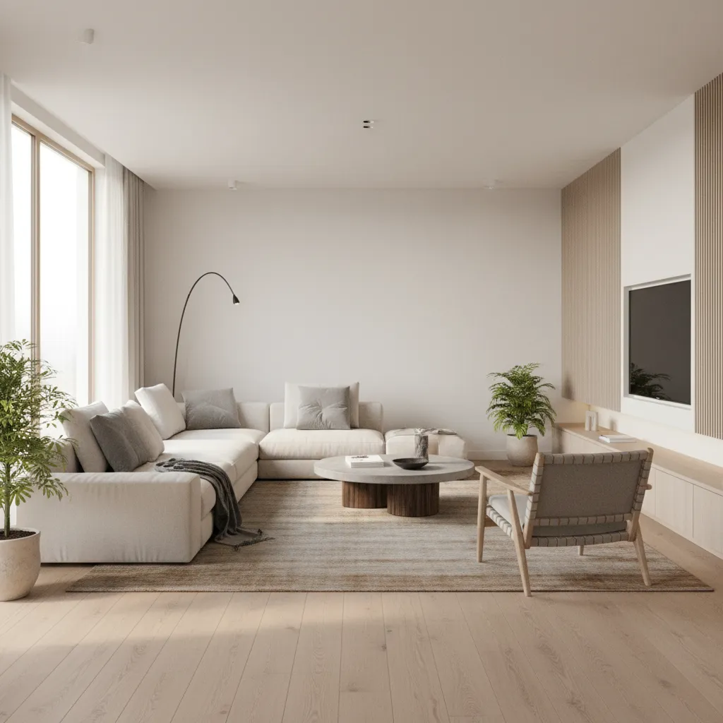Modern living room with white sofa wooden floor round coffee table and television on wall