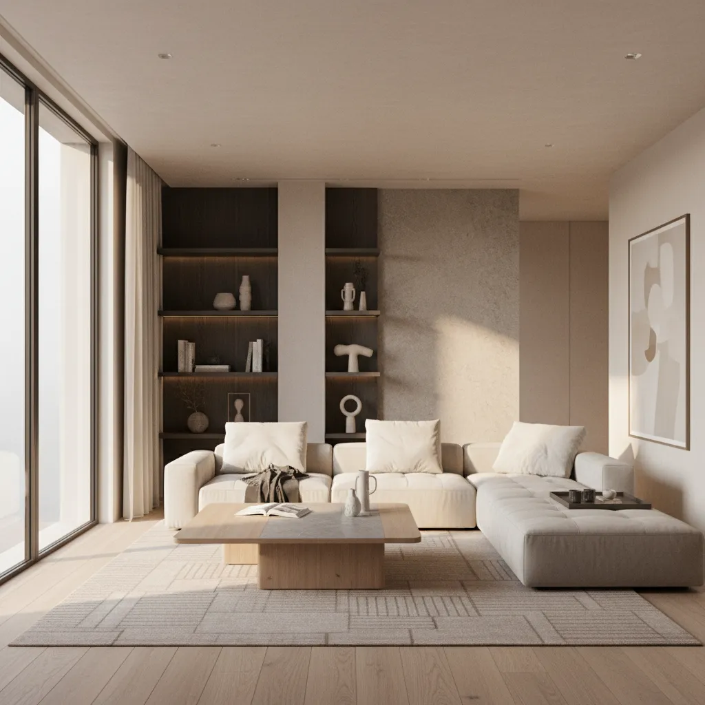 Modern minimalist living room with beige sofa wood coffee table rug and large glass windows