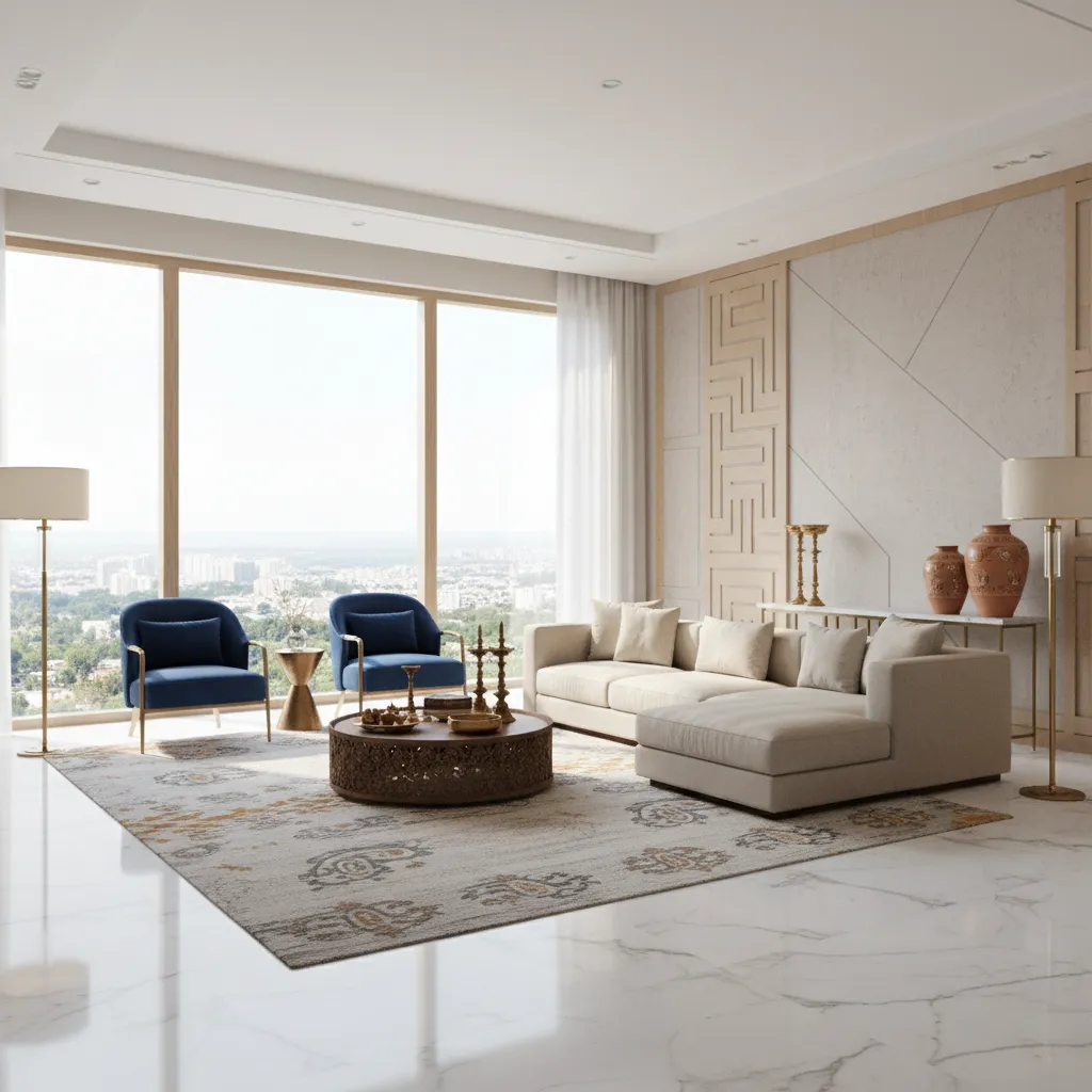 photorealistic 3D render of residential interior before construction