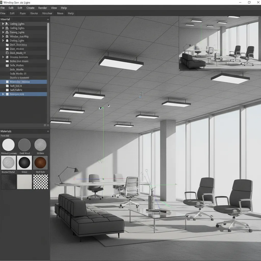 3D interior rendering scene setup showing lighting and camera angle