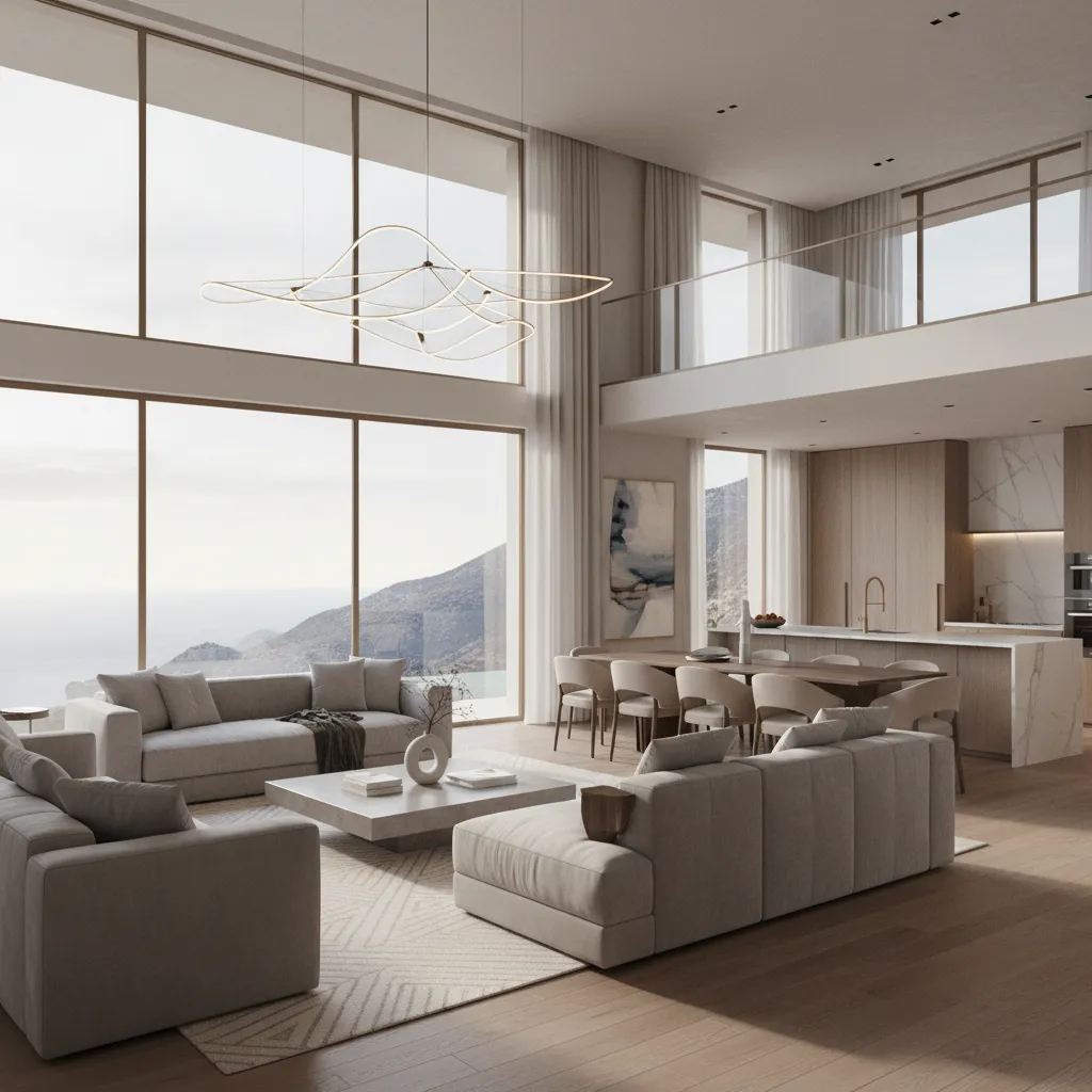 Render 3D realista de interior de villa moderna