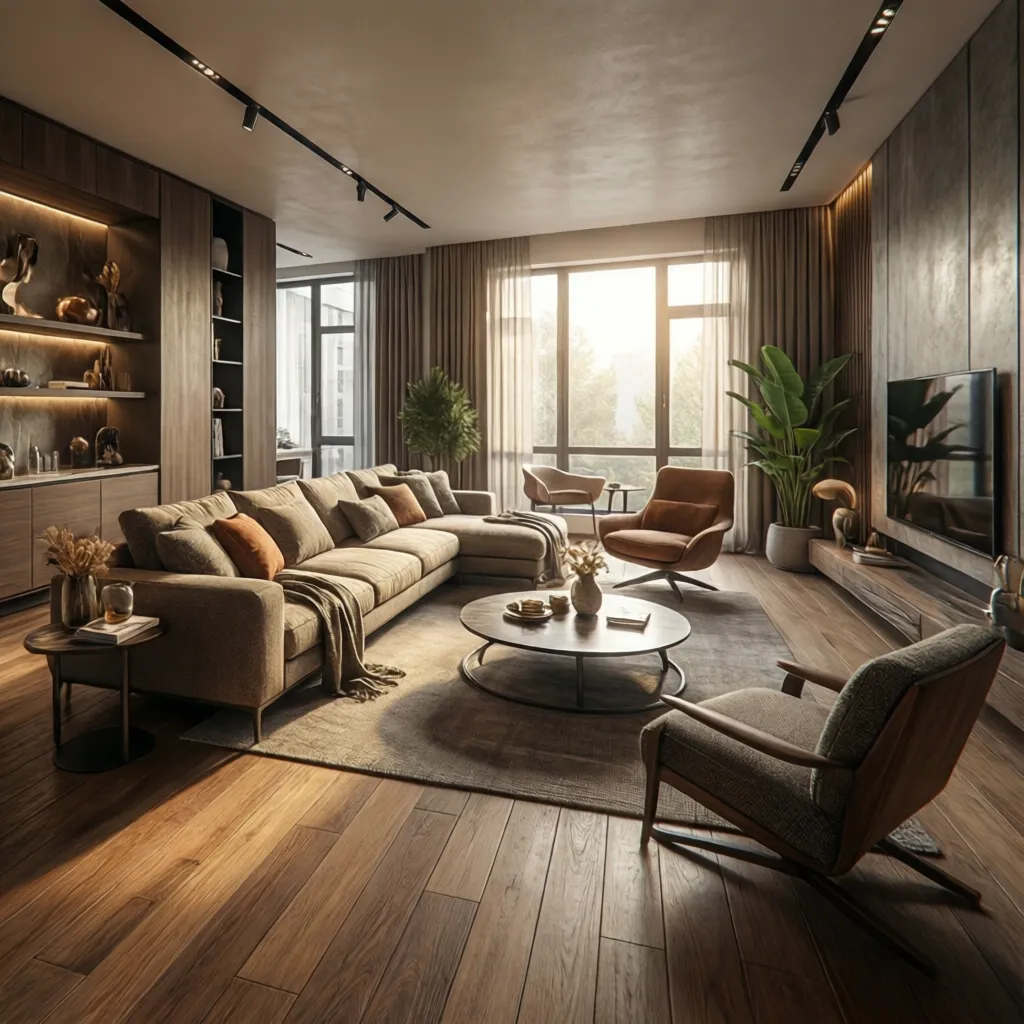 renderizado 3D realista de un salón moderno diseñado digitalmente