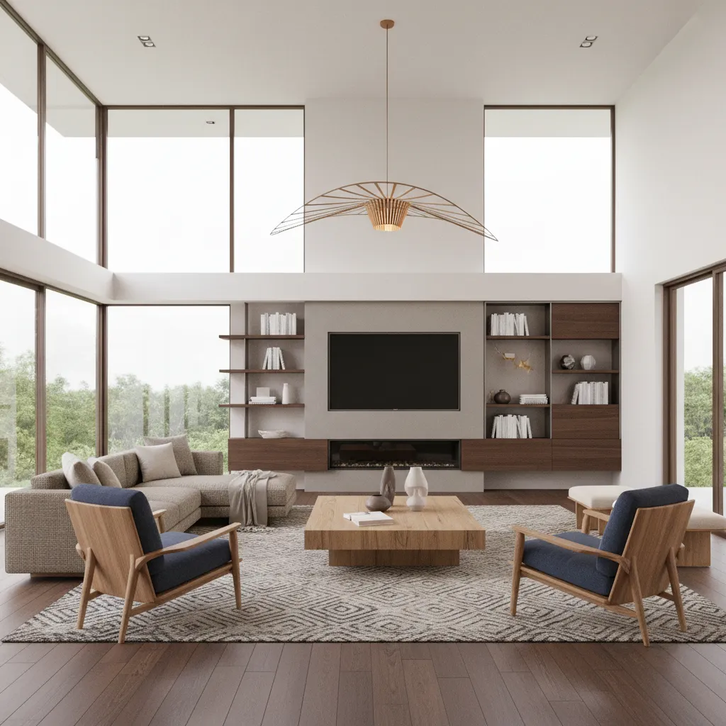 Render 3D realista de un salón moderno antes de la construcción