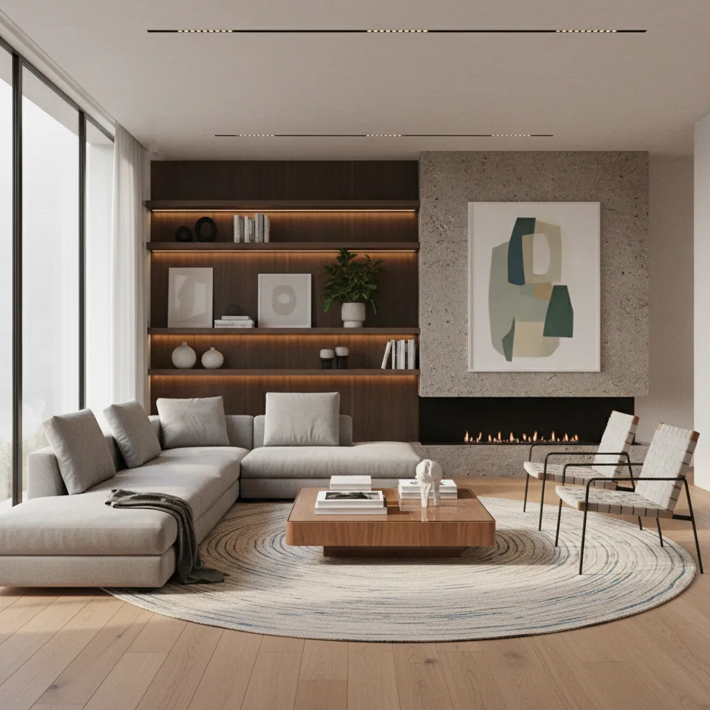 Render 3D realista de un salón moderno
