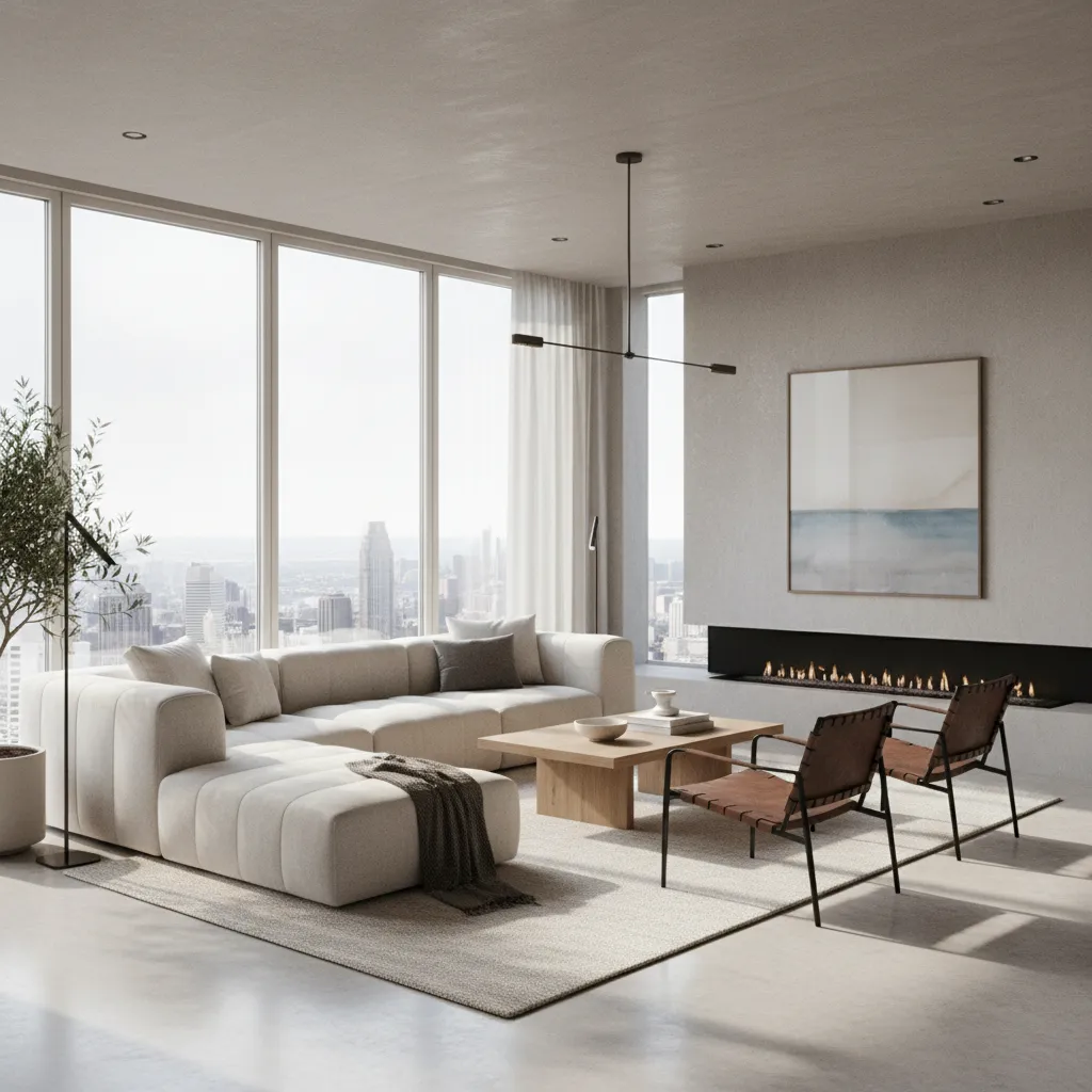 Modern living room with large white sofa wooden coffee table brown chairs fireplace and views