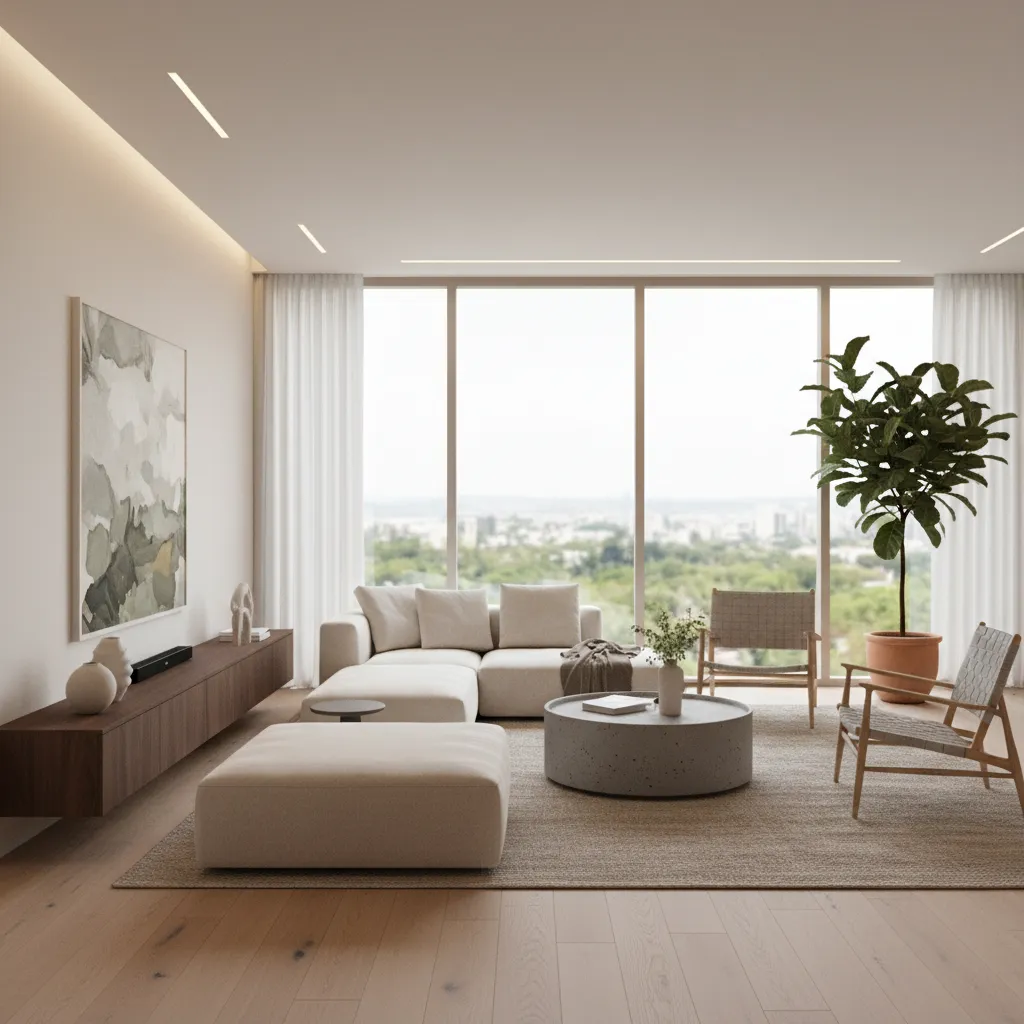 Render 3D realista de un salón moderno antes de la ejecución del diseño