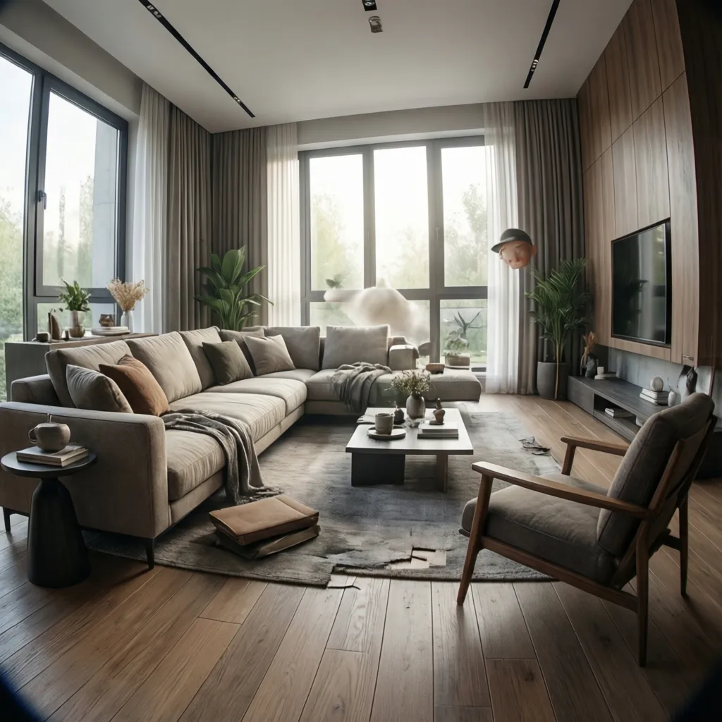 Render 3D hiperrealista de una sala de estar moderna