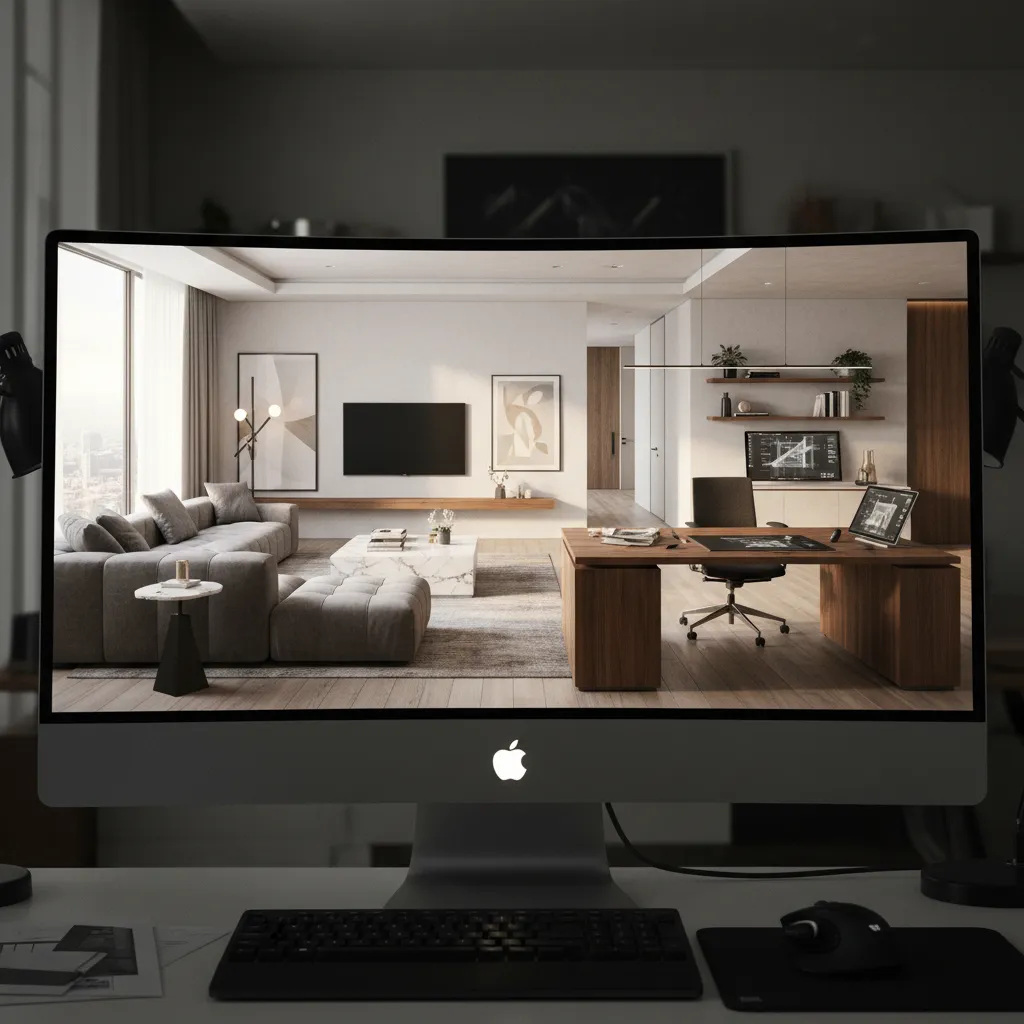 Pantalla mostrando un render 3D de un salón diseñado digitalmente