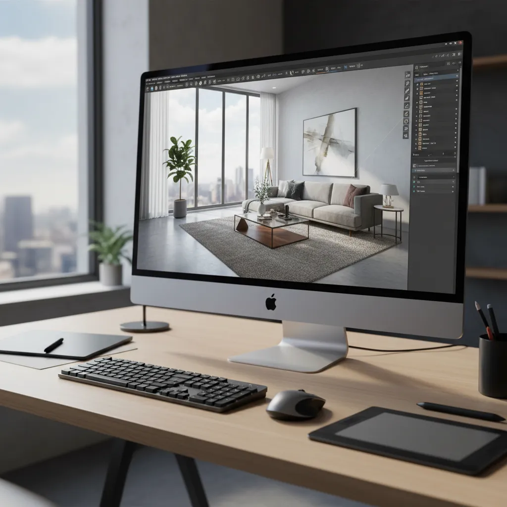 Computer monitor showing interior design drawing software with a modern living room 3D render view