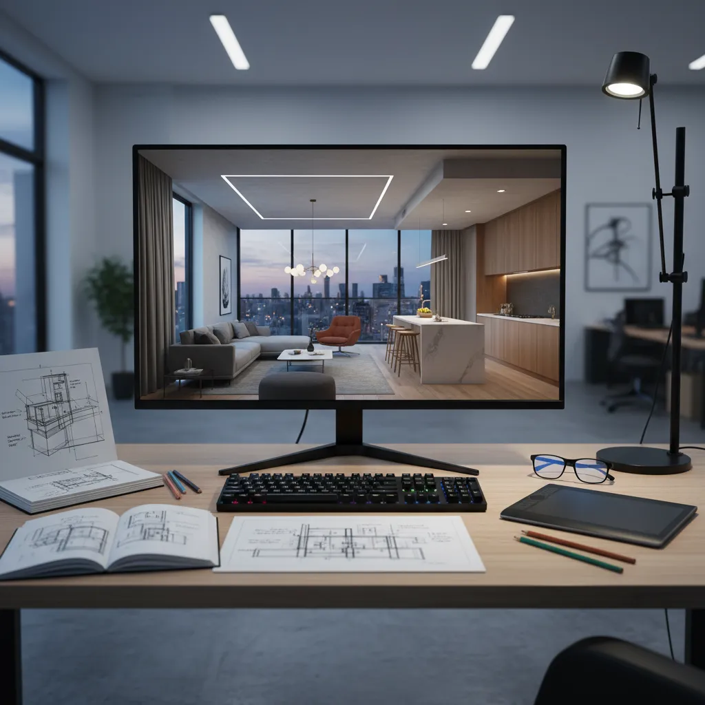 Pantalla con render 3D de un departamento diseñado