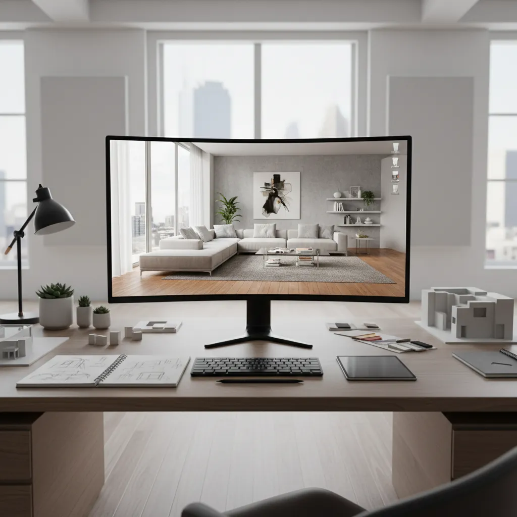 Pantalla mostrando render 3D de un salón diseñado por interioristas