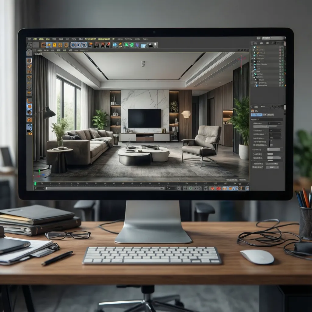 Pantalla mostrando render 3D de un salón moderno en proceso de diseño