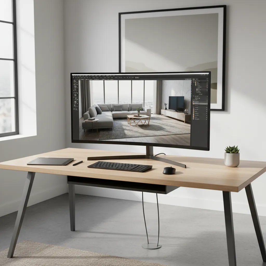 Designer viewing a realistic 3D interior rendering on a computer screen