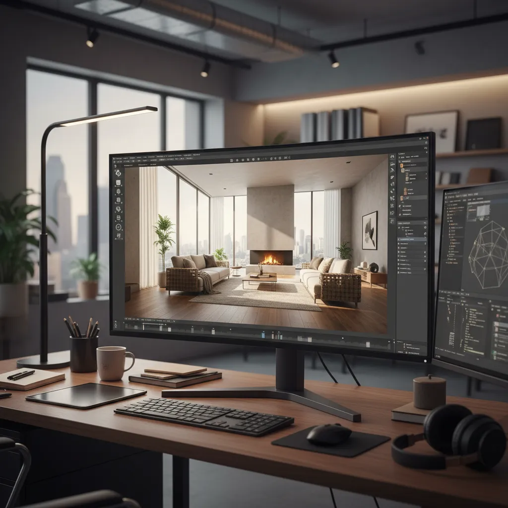 Pantalla mostrando render 3D de un proyecto interior