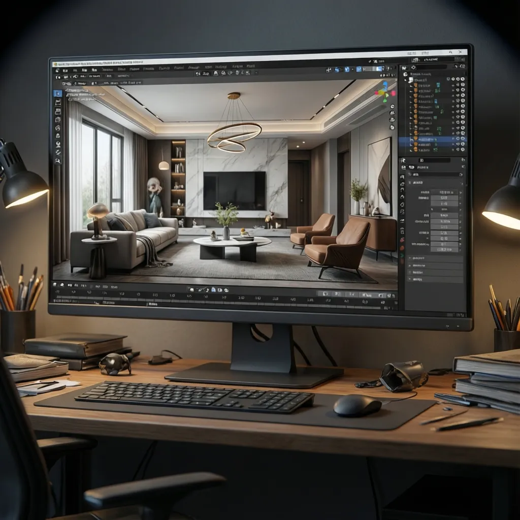 3D interior animation workspace with rendering software showing a modern living room scene