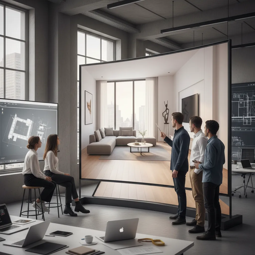 High quality 3D interior rendering displayed during a design presentation