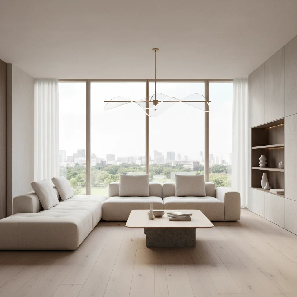 Photorealistic 3D rendering of modern living room design