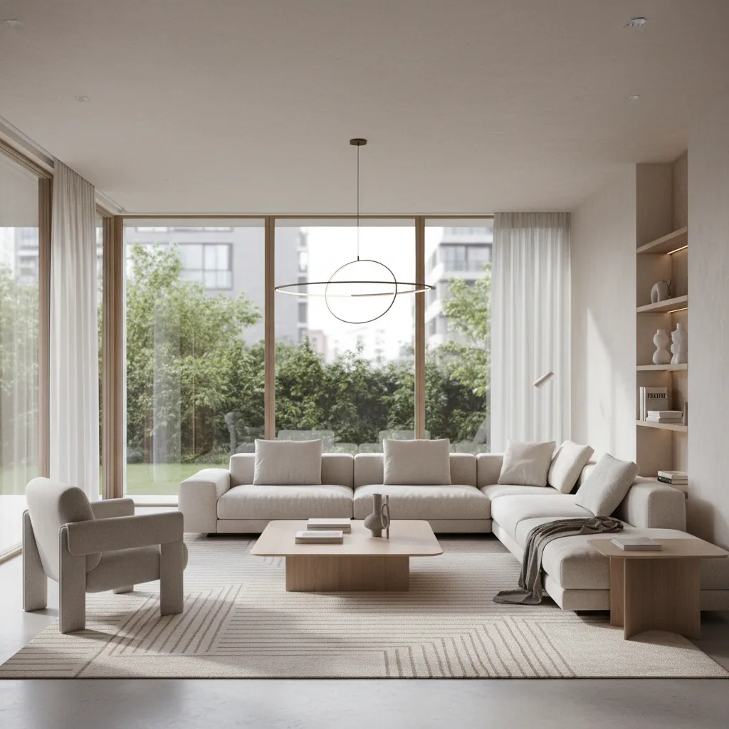 Visualización 3D realista de un salón moderno diseñada por software de interiorismo