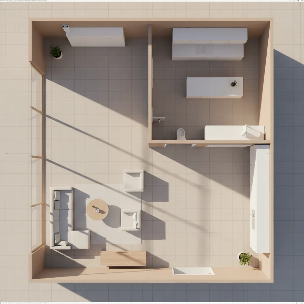 3D interior rendering layout planning scene showing furniture placement and room structure
