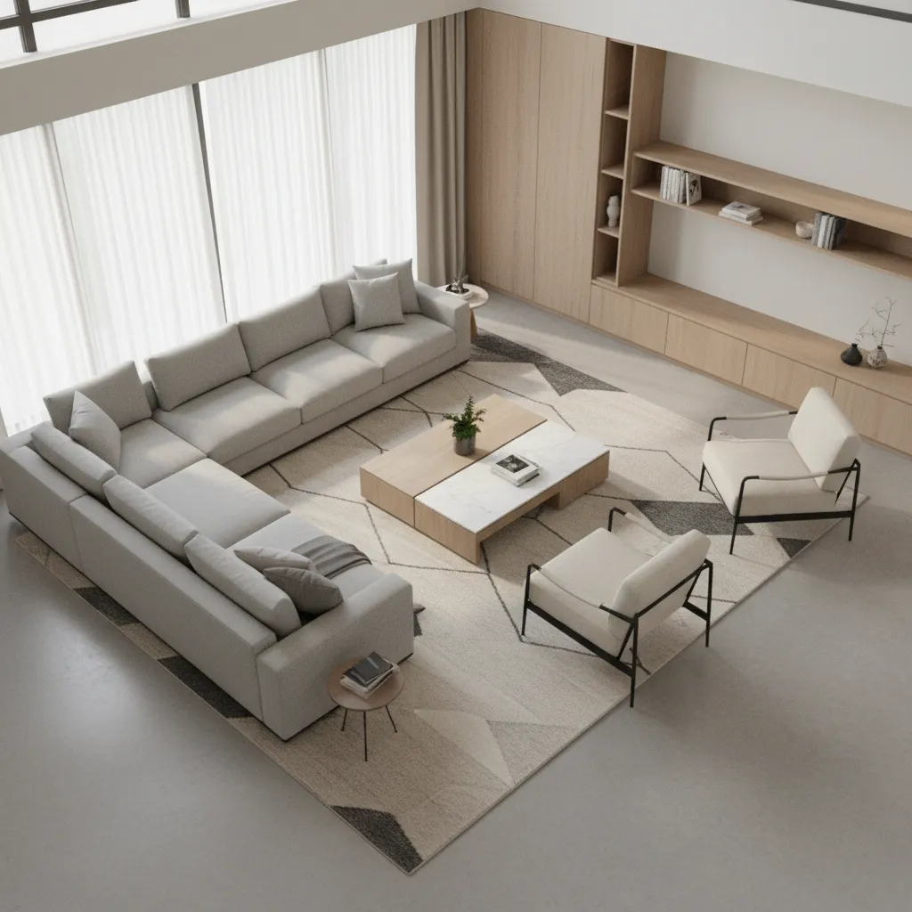 3D visualization showing furniture layout and spatial planning in a living room