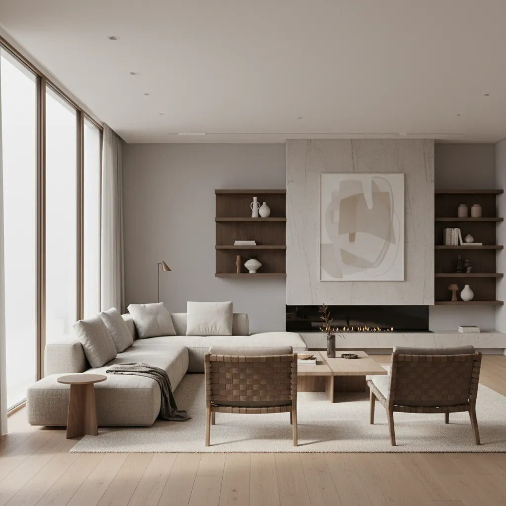 Realistic 3D interior rendering of a modern living room created with design software