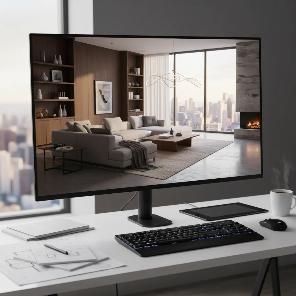 computer screen showing photorealistic interior rendering