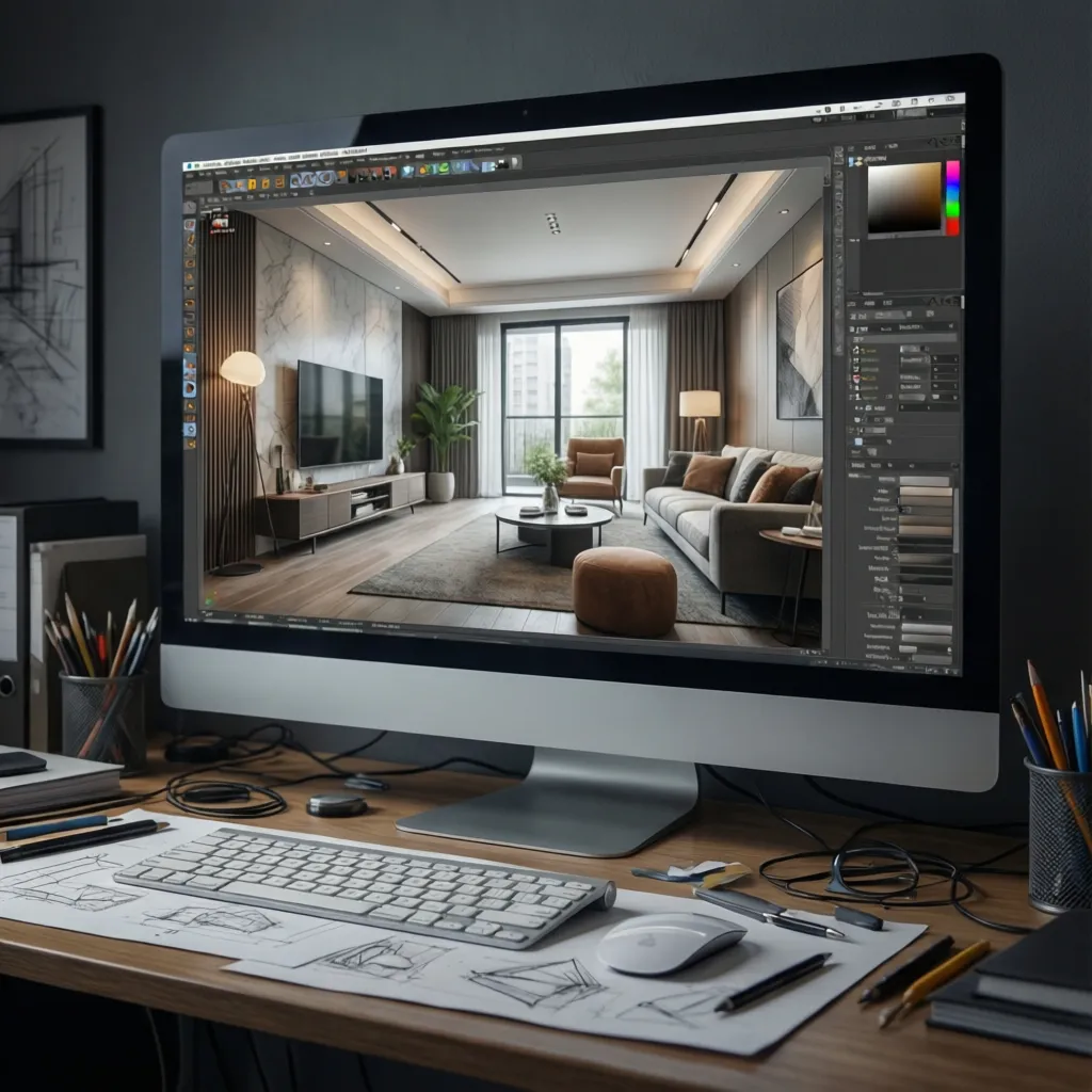 Computer monitor showing a modern living room interior design drawing with sofa and floor light
