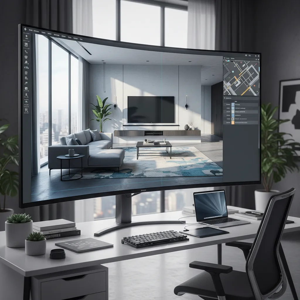 Pantalla mostrando render 3D de un salón moderno