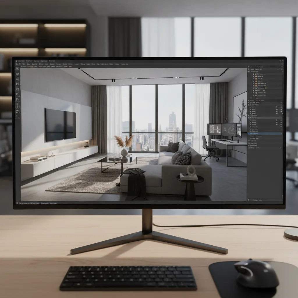 Pantalla mostrando render 3D hiperrealista de un salón moderno