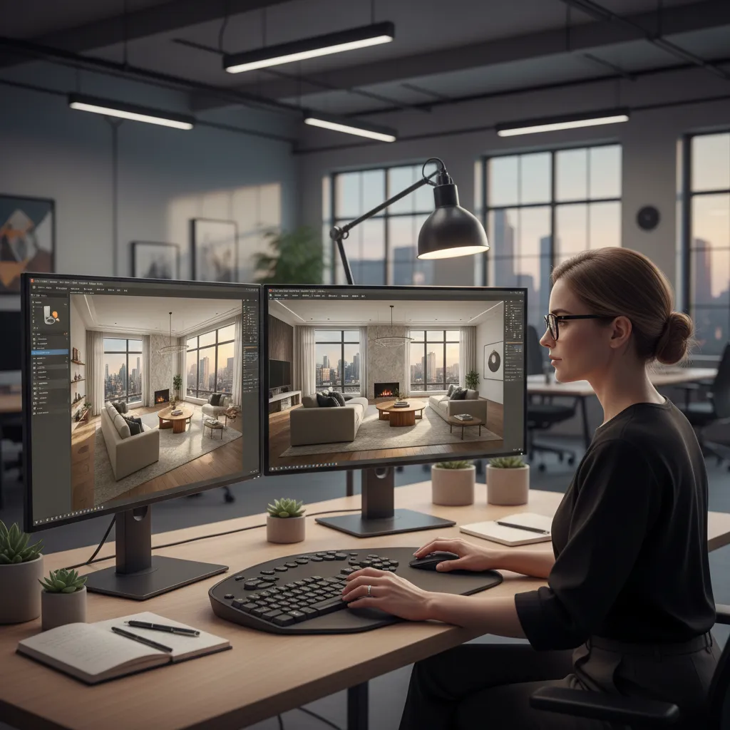 diseñador creando render 3D de interior en ordenador