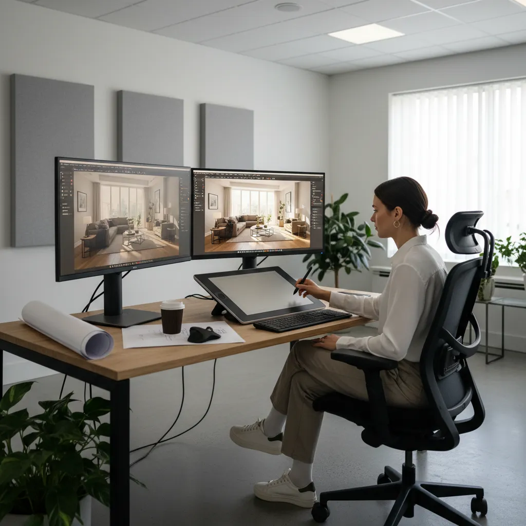 designer creating 3D interior rendering on computer workstation