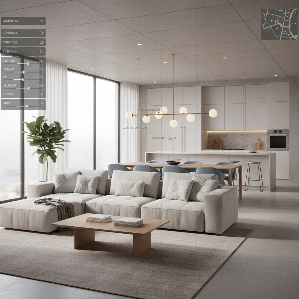 planificación de espacio interior en modelo 3D con muebles