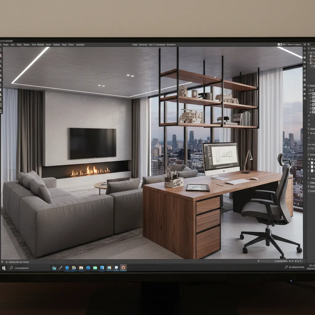 Interior design drawing on screen showing modern home office with desk chair and city view