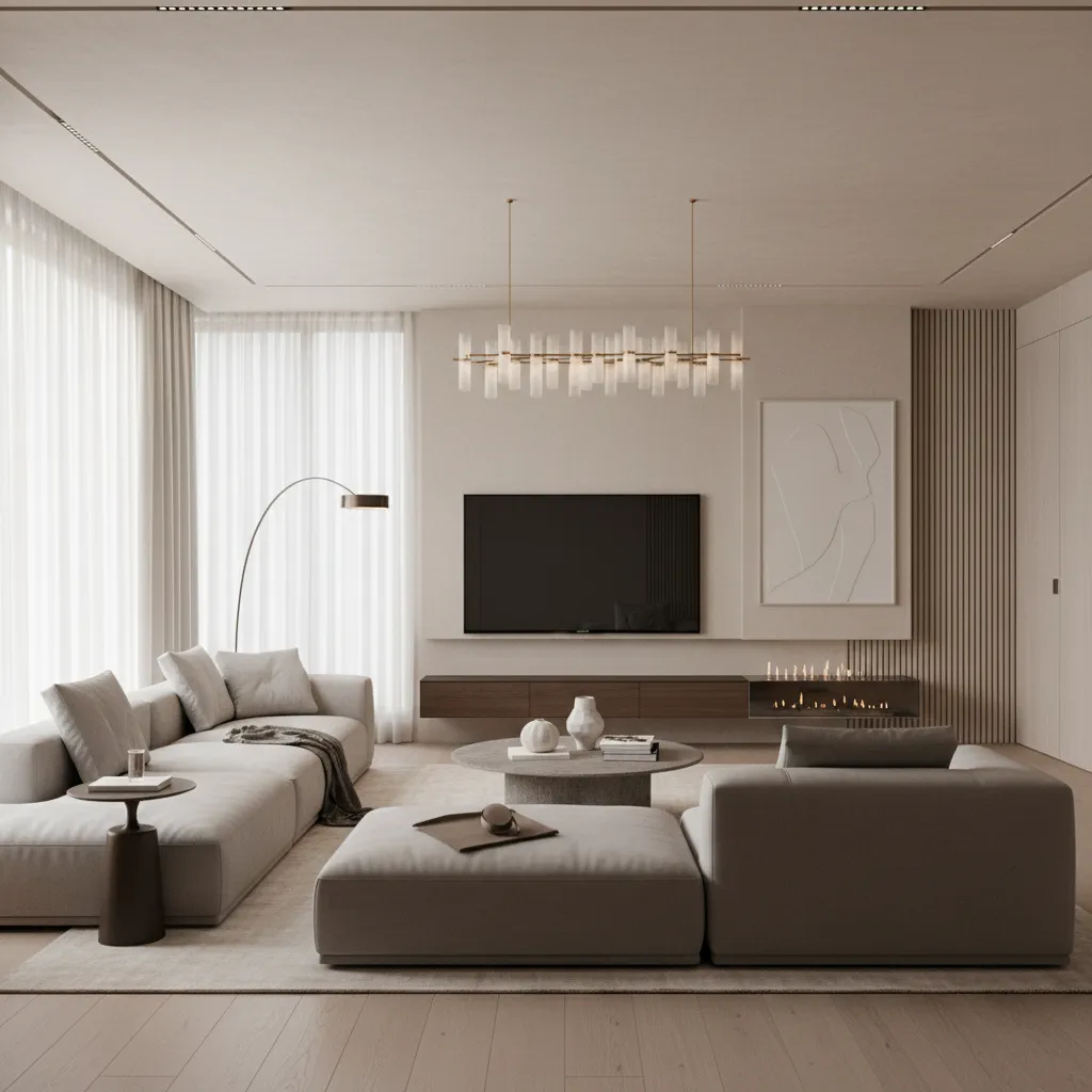 Render 3D realista de sala moderna utilizado para visualizar el concepto de diseño