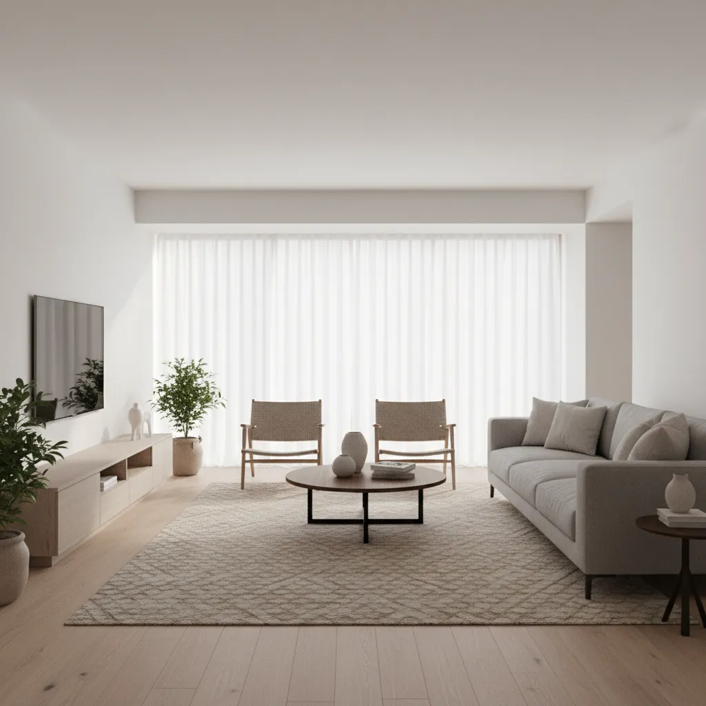 Render 3D de un salón moderno con iluminación natural y muebles contemporáneos