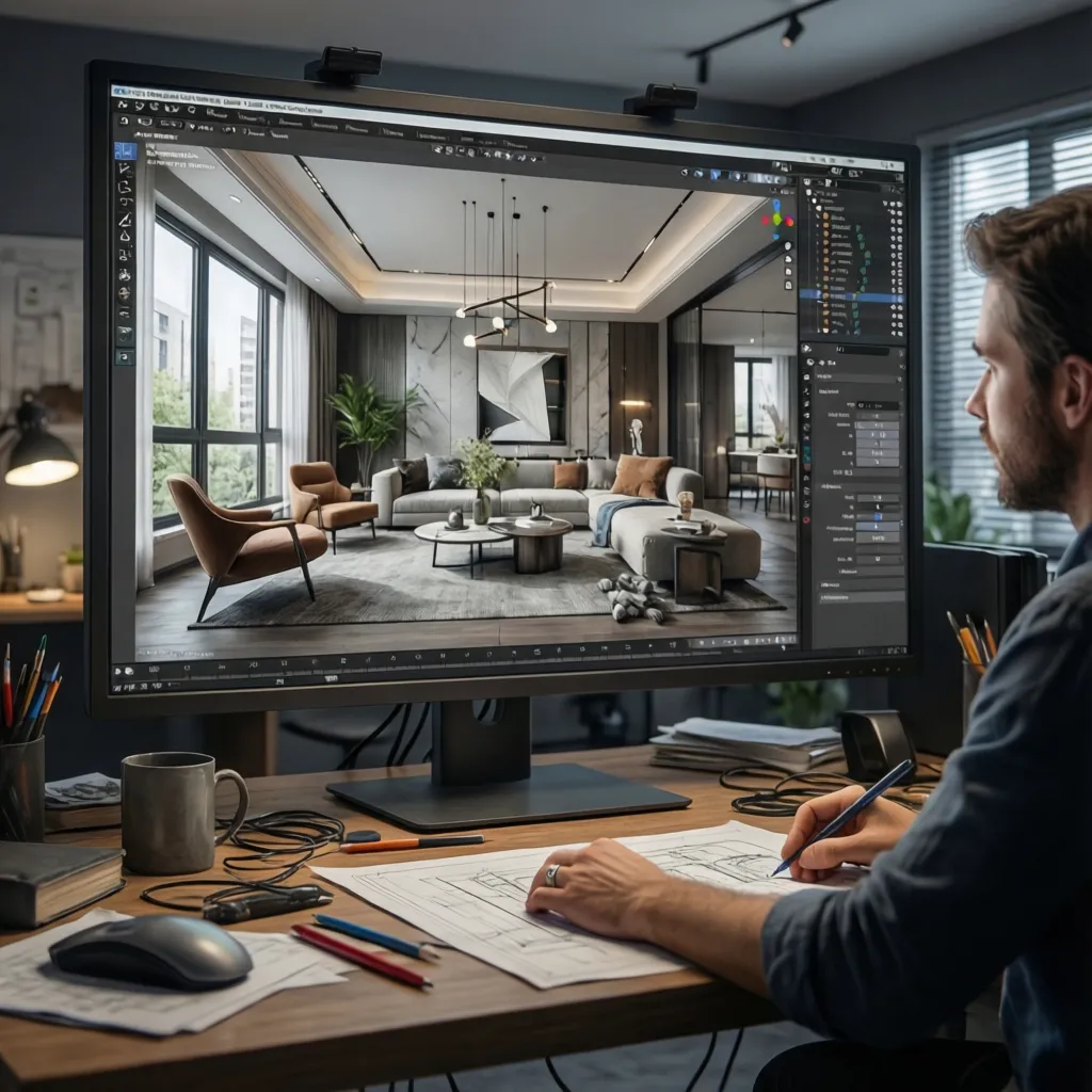 Pantalla de ordenador mostrando un modelo 3D de diseño interior de un edificio