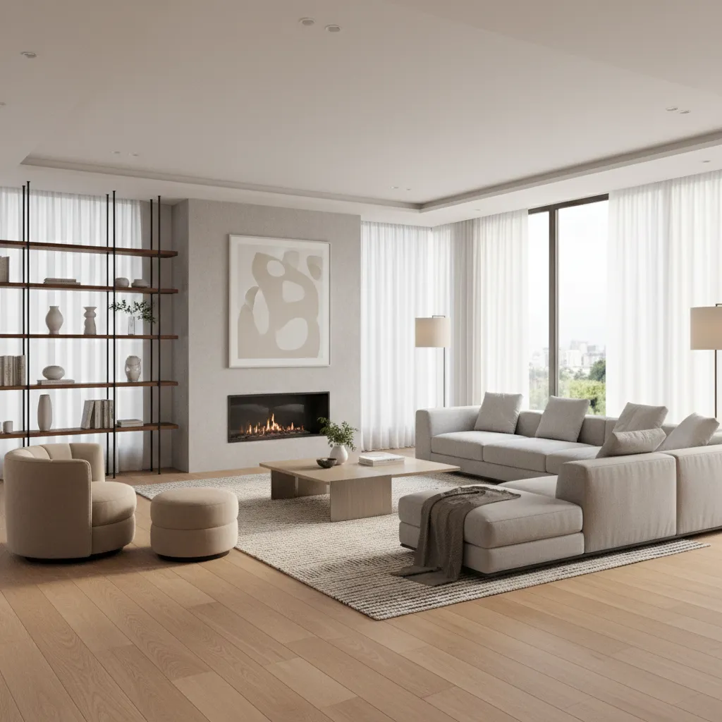 Visualización 3D de un salón contemporáneo antes de la construcción