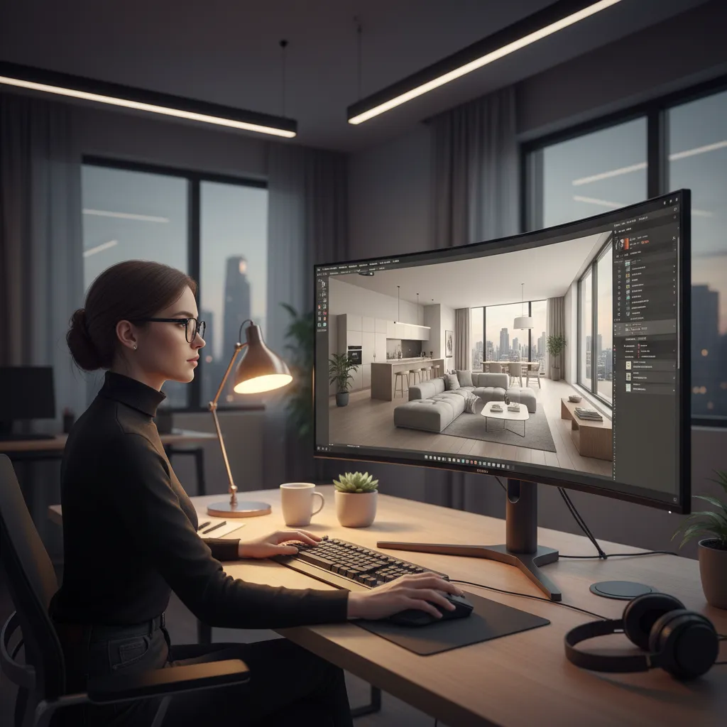 visualización 3D de un proyecto de interiorismo en ordenador